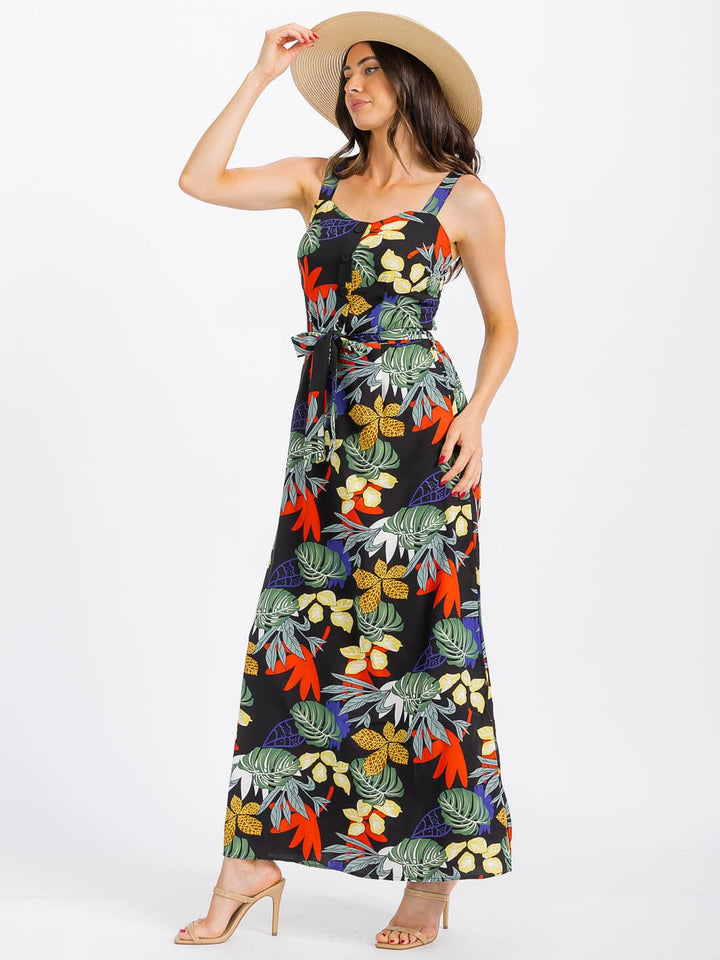 WOMEN'S SLEEVELESS BUTTON UP SMOCK SELF TIE FLORAL MAXI DRESS