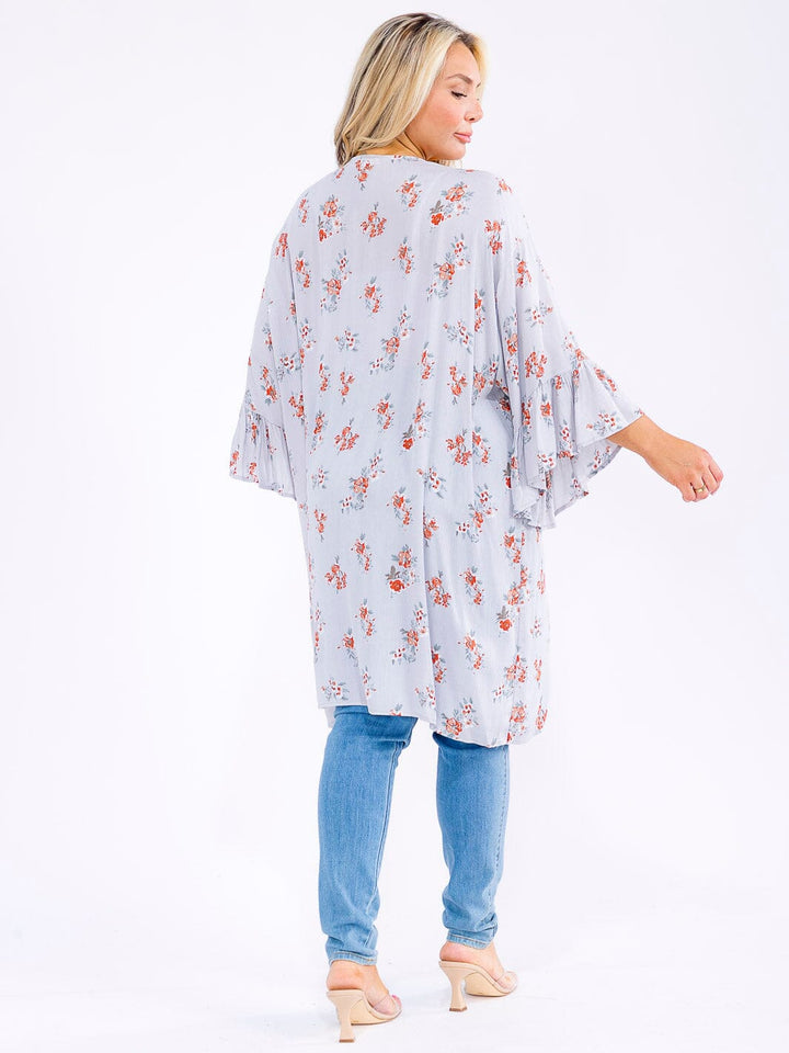 PLUS SIZE 3/4 RUFFLE SLEEVE OPEN FLORAL CARDIGAN