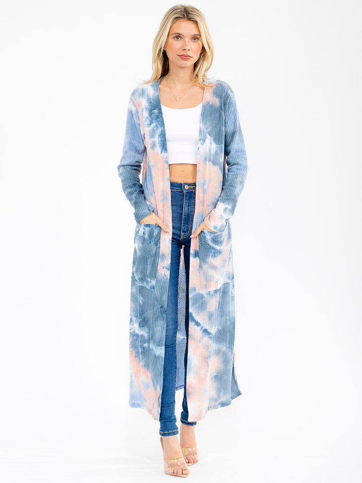 WOMEN'S LONG SLEEVE OPEN FRONT POCKETS TIE DYE CARDIGAN