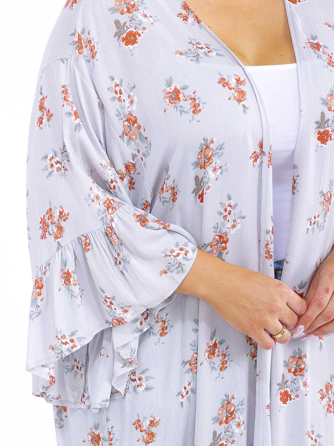 PLUS SIZE 3/4 RUFFLE SLEEVE OPEN FLORAL CARDIGAN
