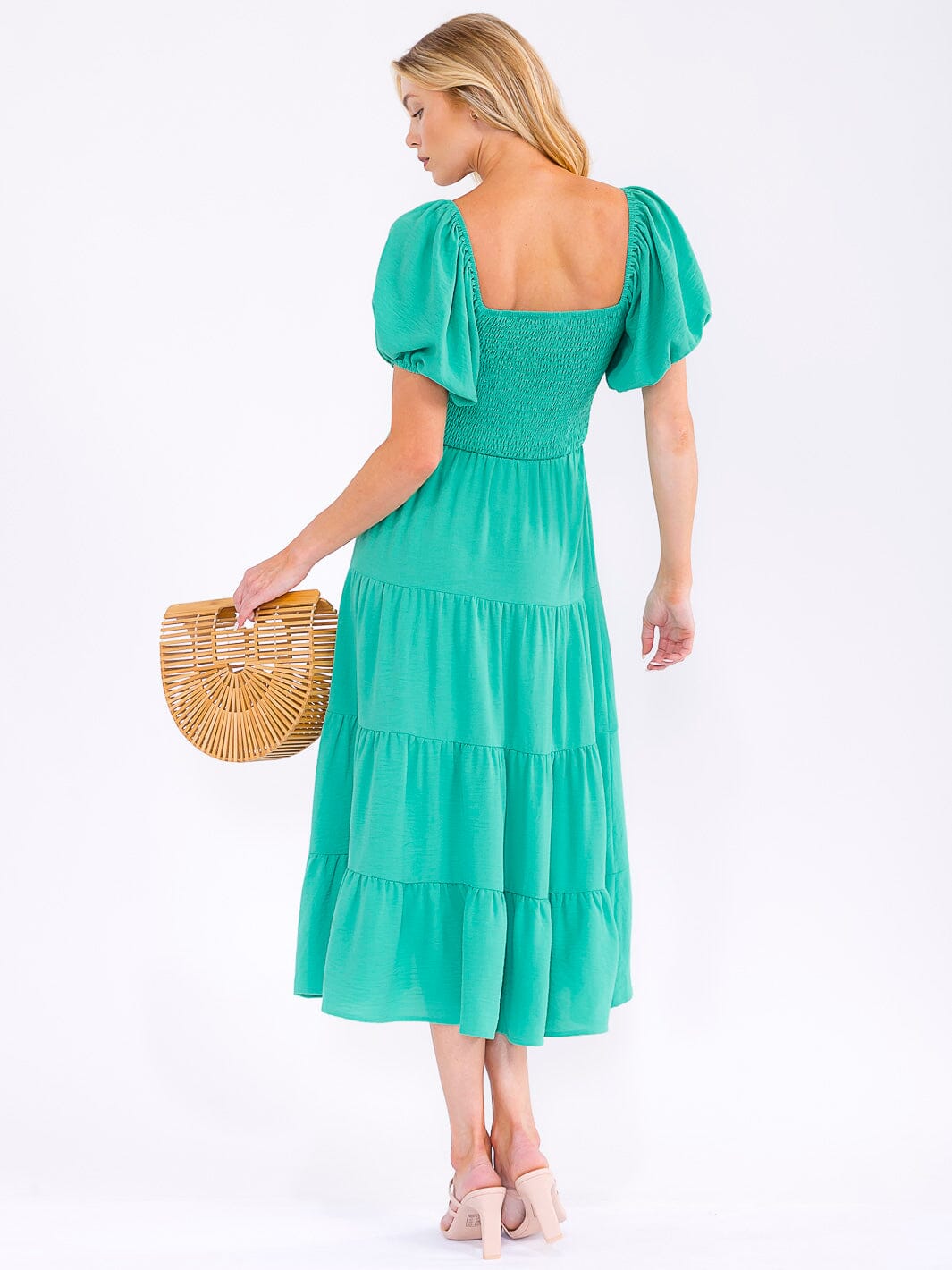 WOMEN'S SHORT PUFF SLEEVE SQUARE NECK SMOCK TIERED MAXI DRESS