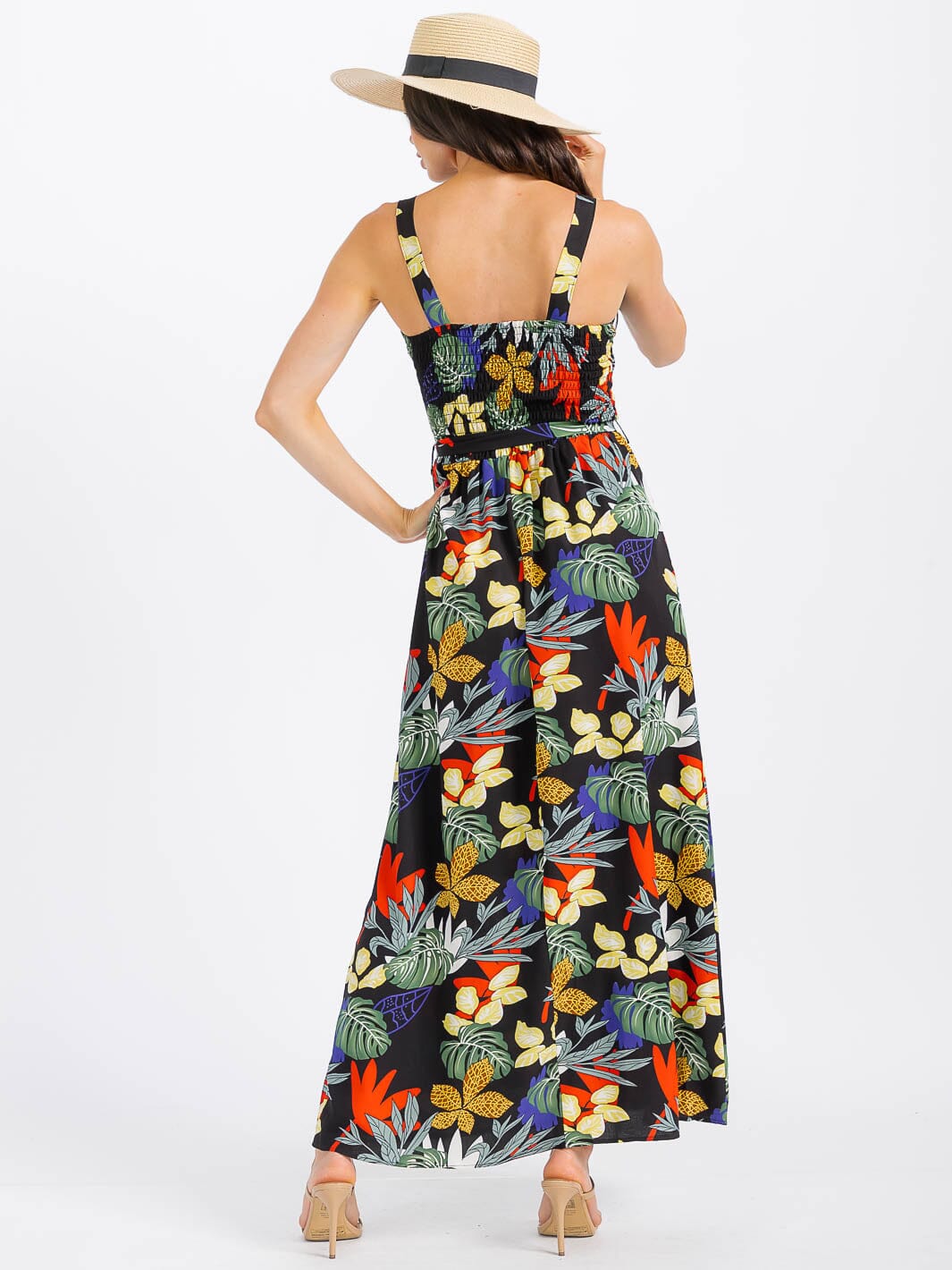 WOMEN'S SLEEVELESS BUTTON UP SMOCK SELF TIE FLORAL MAXI DRESS