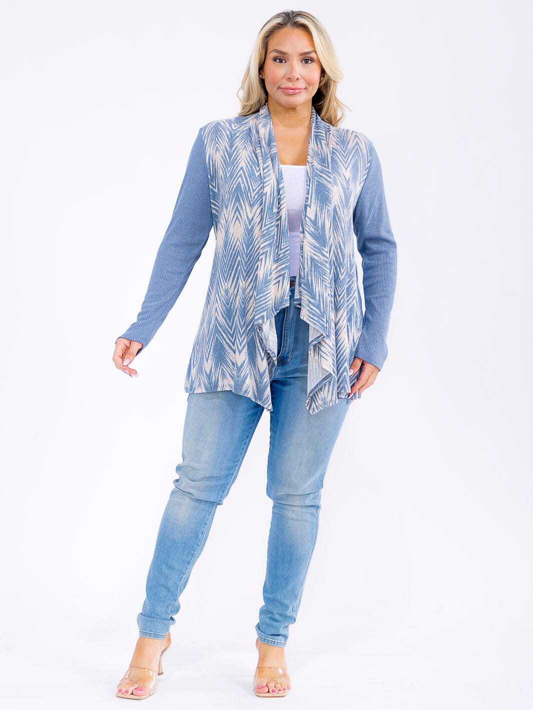 PLUS SIZE LONG SLEEVE OPEN FRONT RIBBED PRINTED CARDIGAN