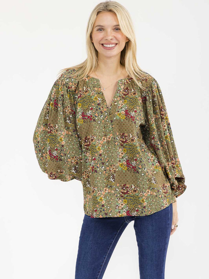 WOMEN'S LONG SLEEVE V-NECK FLORAL PRINT BLOUSE