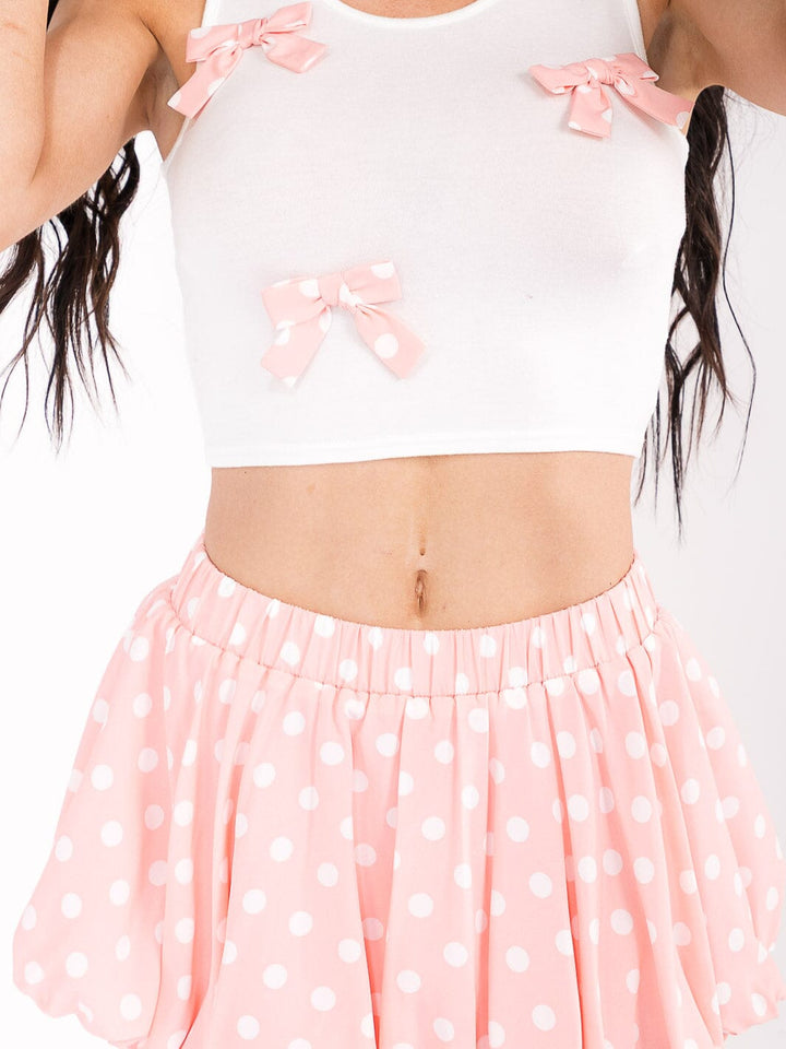 WOMEN'S SLEEVELESS CROP TOP & ELASTIC WAIST MINI SKORT POLKA DOTS BOWS 2PC. SET