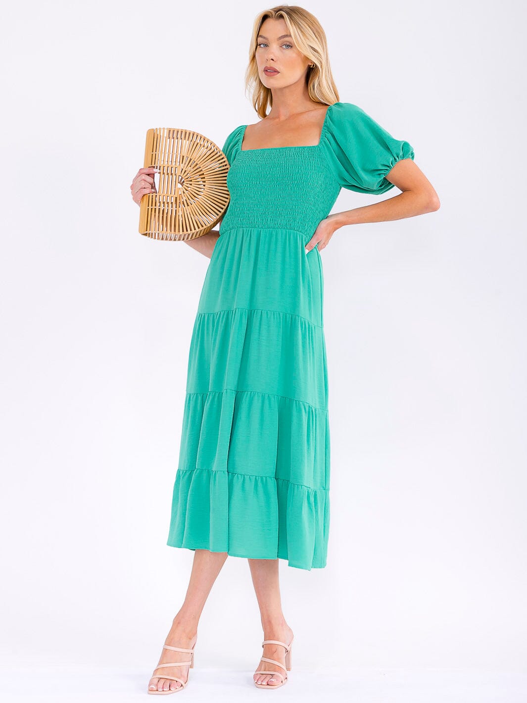 WOMEN'S SHORT PUFF SLEEVE SQUARE NECK SMOCK TIERED MAXI DRESS