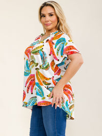 ENTRO PLUS SIZE SHORT SLEEVE V-NECK MULTI PRINT HIGH-LOW BLOUSE
