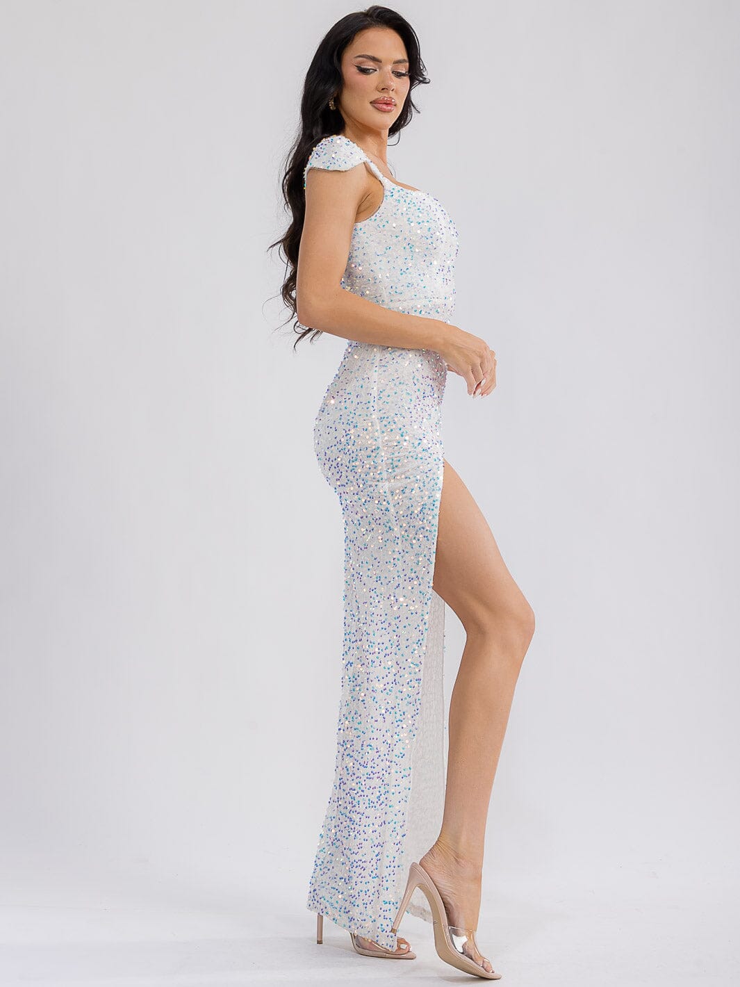 WOMEN'S SLEEVELESS V-NECK SIDE SLIT SEQUINS BODYCON MAXI DRESS