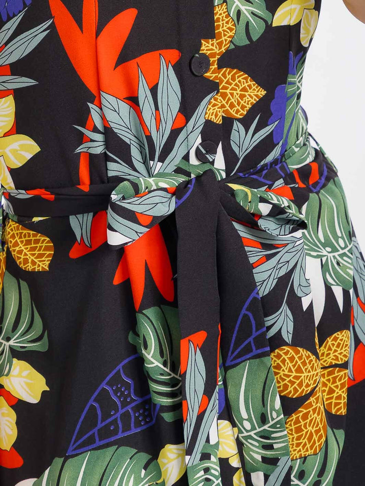 WOMEN'S SLEEVELESS BUTTON UP SMOCK SELF TIE FLORAL MAXI DRESS