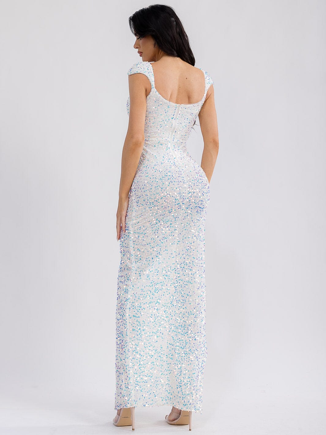 WOMEN'S SLEEVELESS V-NECK SIDE SLIT SEQUINS BODYCON MAXI DRESS