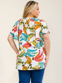 ENTRO PLUS SIZE SHORT SLEEVE V-NECK MULTI PRINT HIGH-LOW BLOUSE
