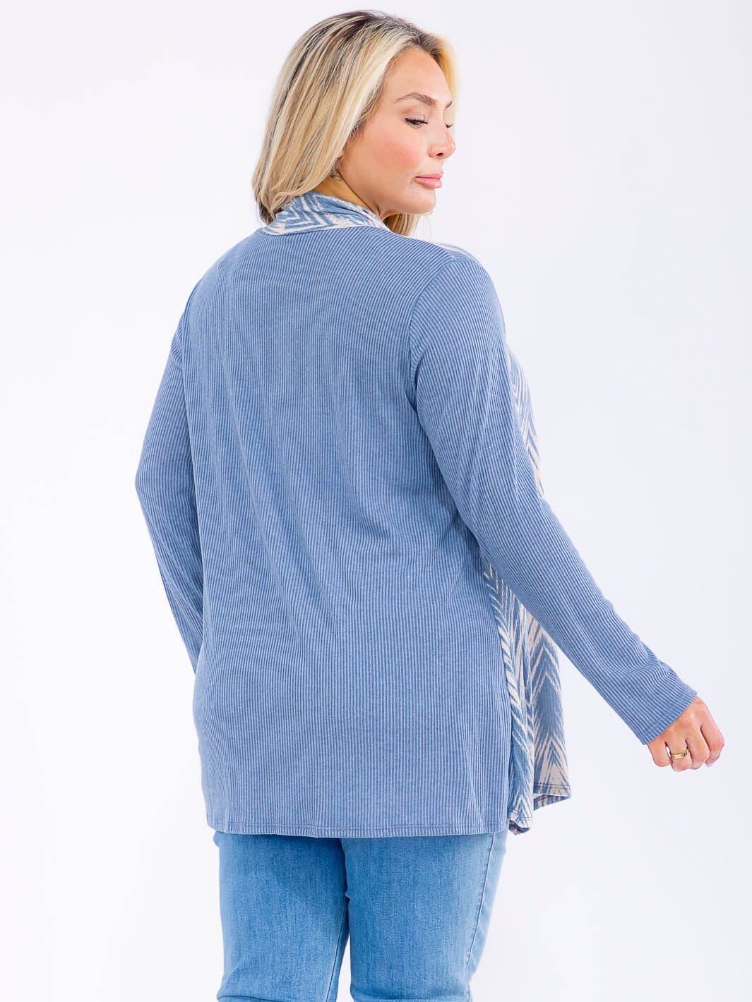 PLUS SIZE LONG SLEEVE OPEN FRONT RIBBED PRINTED CARDIGAN
