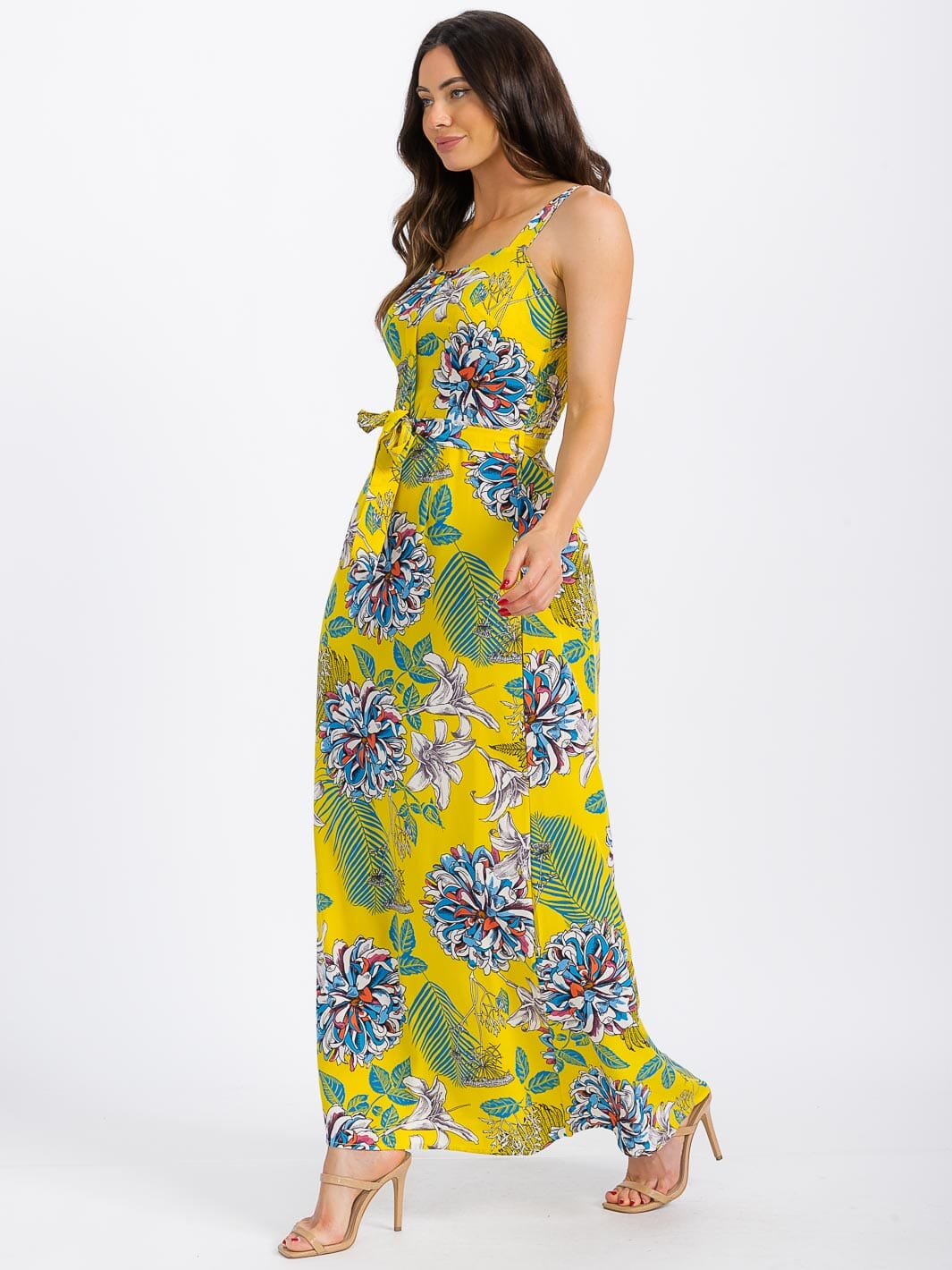 WOMEN'S SLEEVELESS BUTTON UP SMOCK SELF TIE FLORAL MAXI DRESS