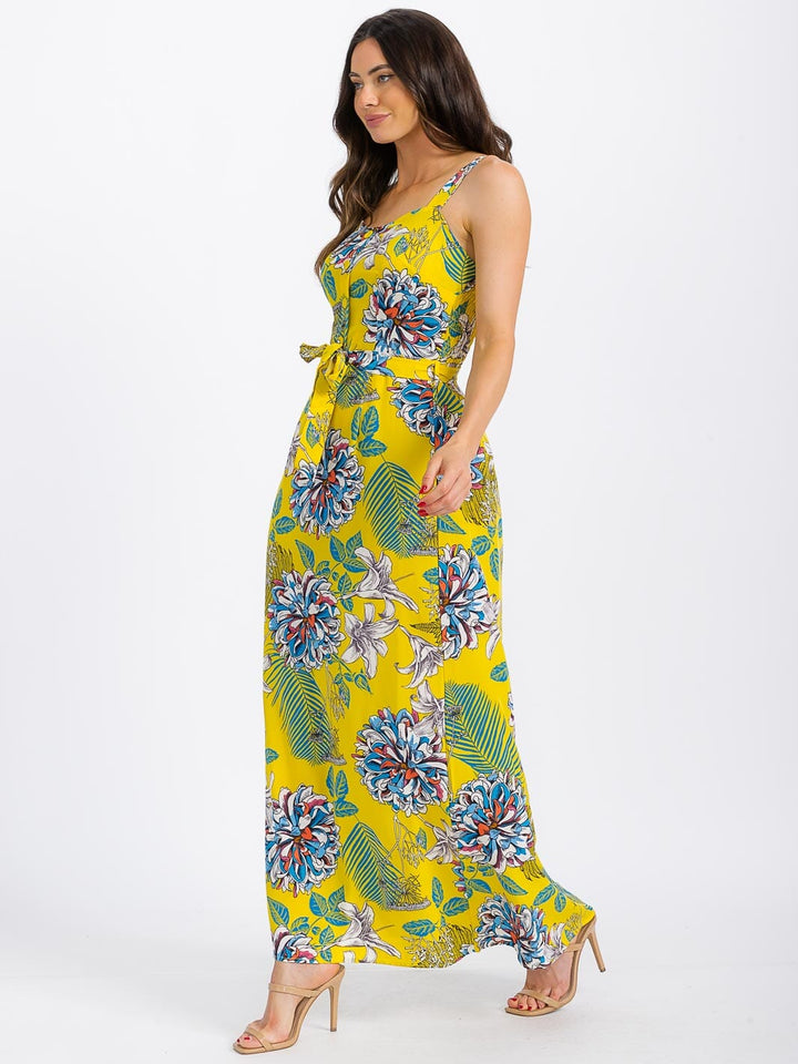 WOMEN'S SLEEVELESS BUTTON UP SMOCK SELF TIE FLORAL MAXI DRESS