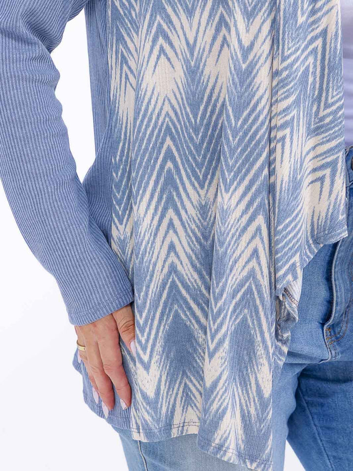 PLUS SIZE LONG SLEEVE OPEN FRONT RIBBED PRINTED CARDIGAN