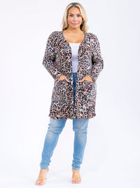 PLUS SIZE LONG SLEEVE OPEN FRONT POCKETS ANIMAL PRINT CARDIGAN