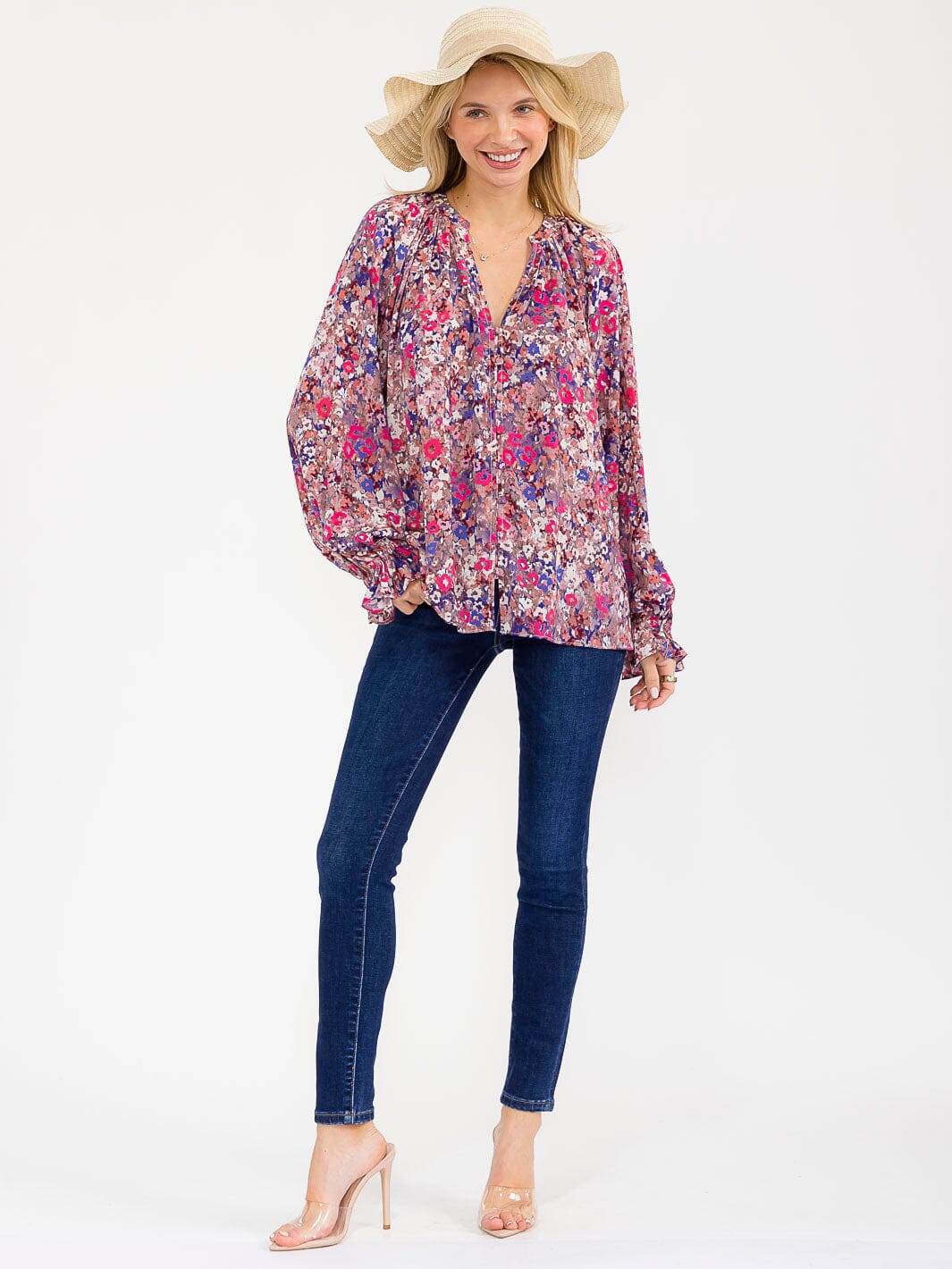 WOMEN'S LONG SLEEVE BUTTON UP V-NECK FLORAL BLOUSE