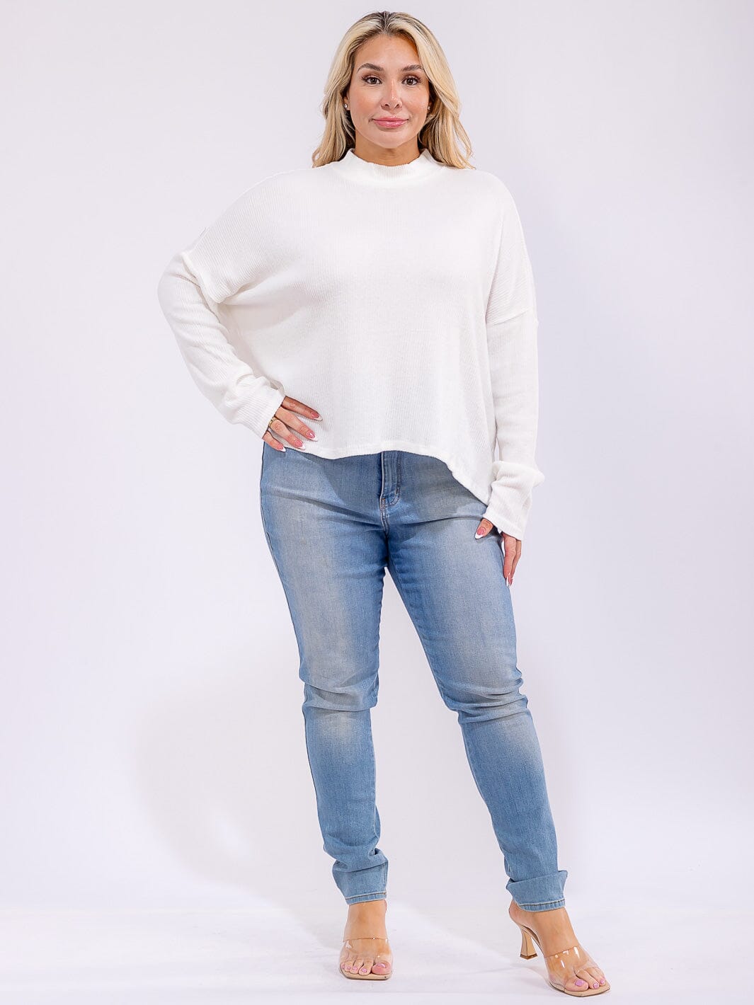 PLUS SIZE LONG SLEEVE MOCK NECK RIBBED TOP