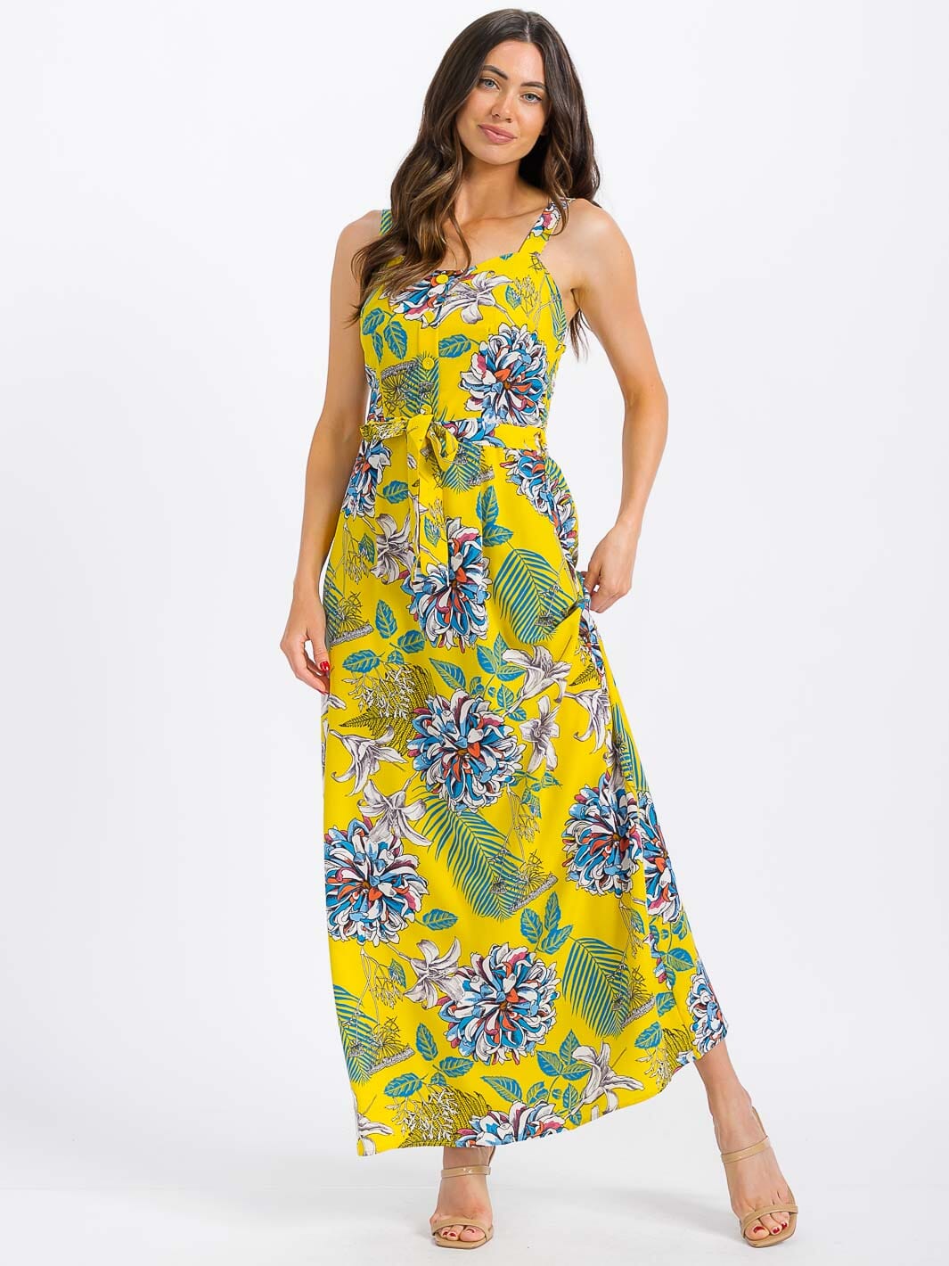 WOMEN'S SLEEVELESS BUTTON UP SMOCK SELF TIE FLORAL MAXI DRESS