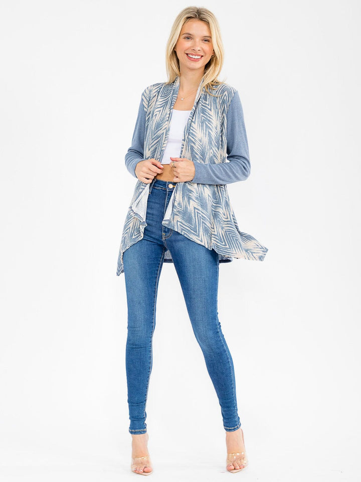 WOMEN'S LONG SLEEVE OPEN FRONT RIBBED PRINTED CARDIGAN