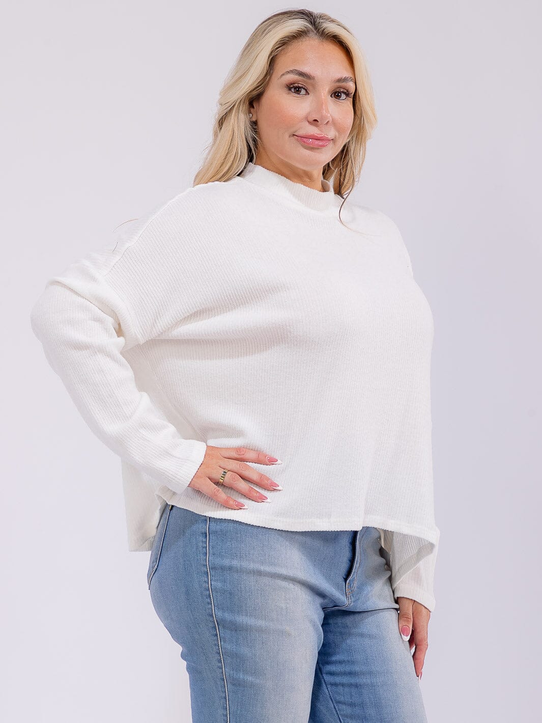 PLUS SIZE LONG SLEEVE MOCK NECK RIBBED TOP