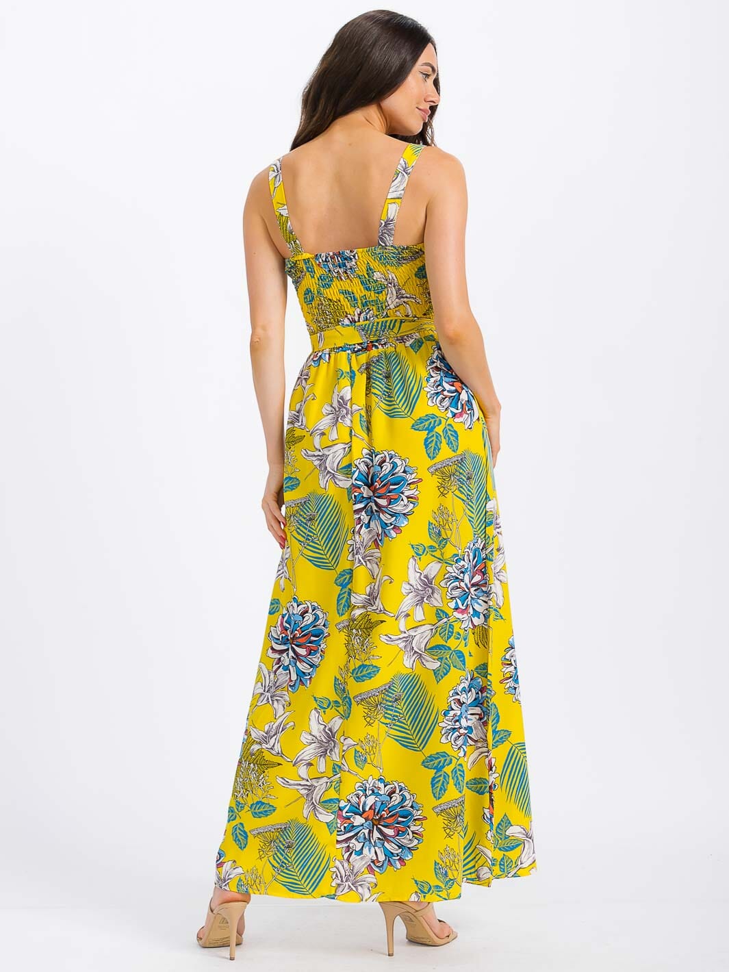 WOMEN'S SLEEVELESS BUTTON UP SMOCK SELF TIE FLORAL MAXI DRESS