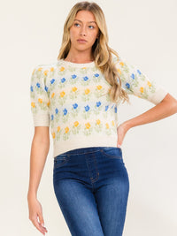WOMEN'S SHORT PUFF SLEEVE FLORAL PRINT SWEATER BLOUSE