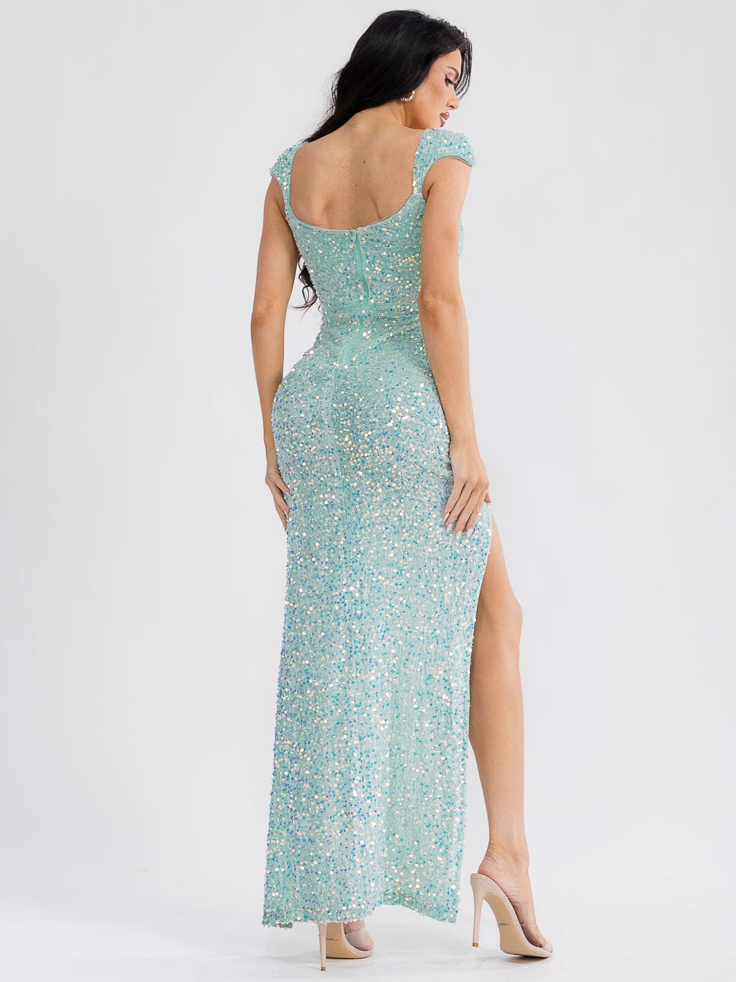 WOMEN'S SLEEVELESS V-NECK SIDE SLIT SEQUINS BODYCON MAXI DRESS