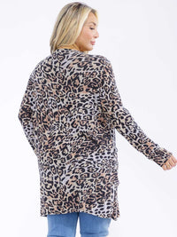 PLUS SIZE LONG SLEEVE OPEN FRONT POCKETS ANIMAL PRINT CARDIGAN