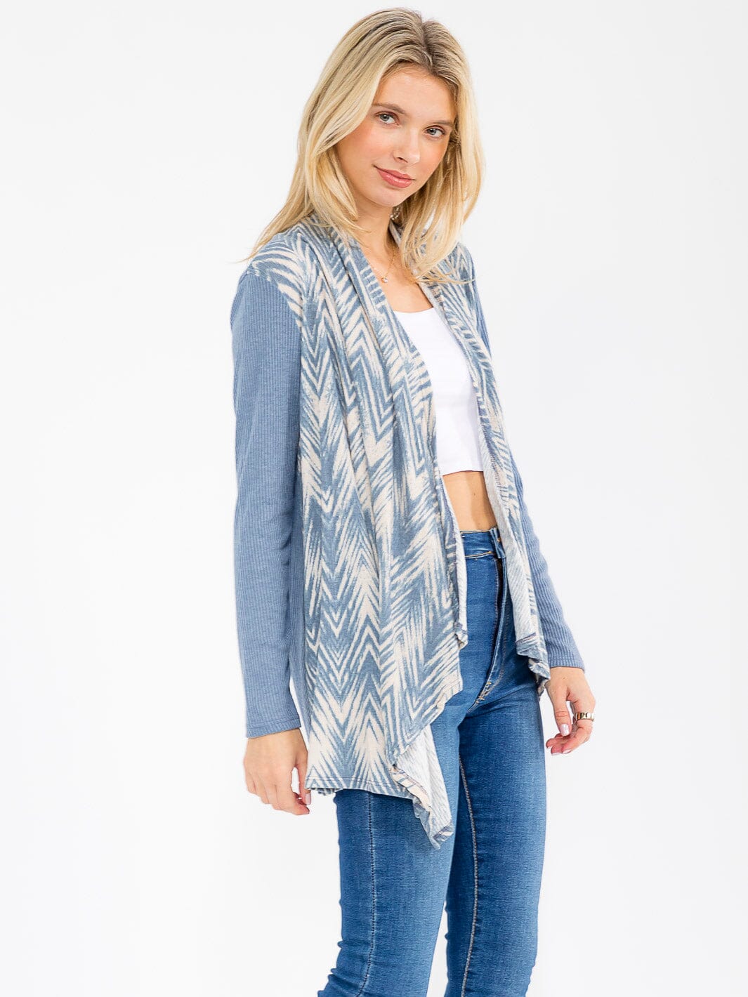 WOMEN'S LONG SLEEVE OPEN FRONT RIBBED PRINTED CARDIGAN