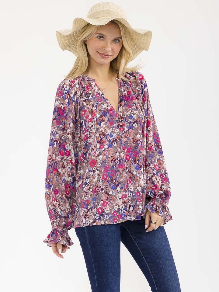 WOMEN'S LONG SLEEVE BUTTON UP V-NECK FLORAL BLOUSE