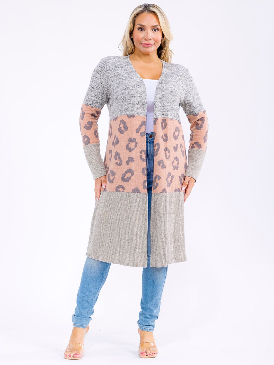 PLUS SIZE LONG SLEEVE OPEN FRONT ANIMAL PRINT CONTRAST CARDIGAN