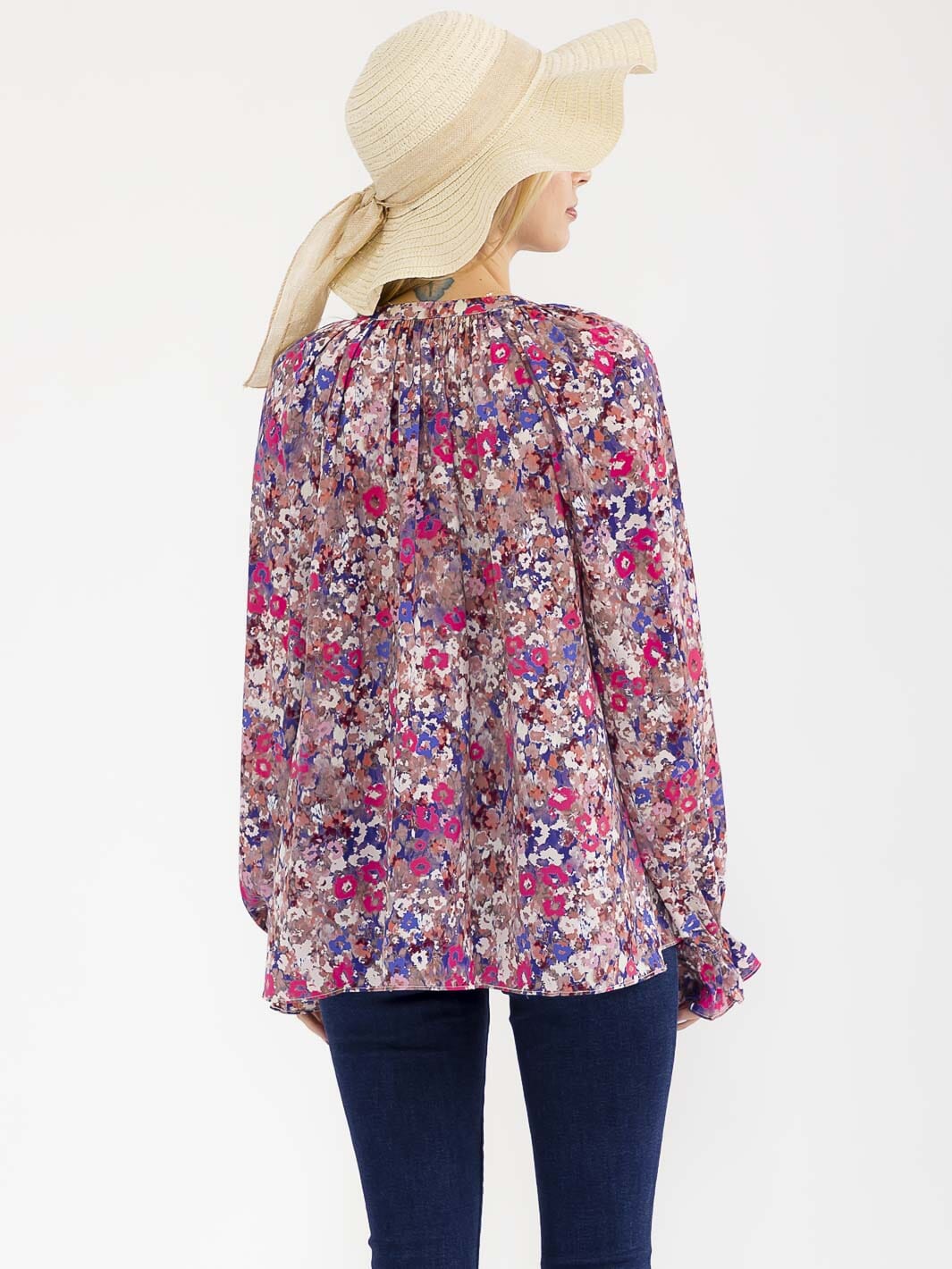 WOMEN'S LONG SLEEVE BUTTON UP V-NECK FLORAL BLOUSE