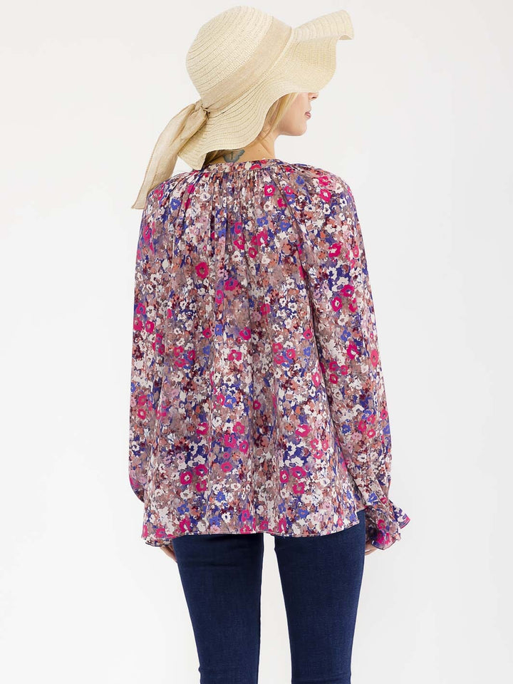 WOMEN'S LONG SLEEVE BUTTON UP V-NECK FLORAL BLOUSE