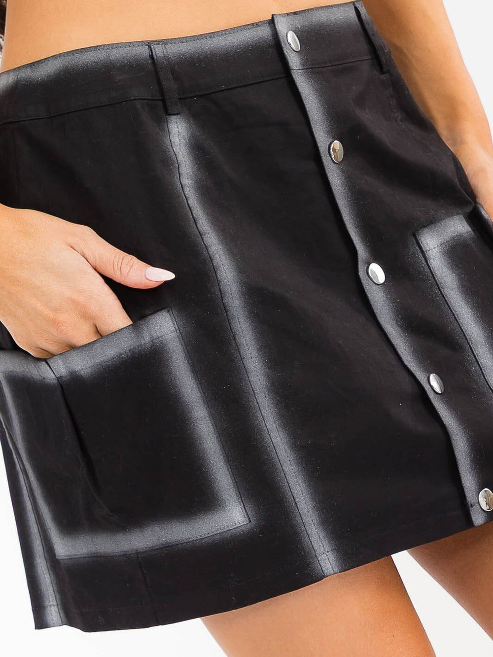 WOMEN'S BUTTON CLOSURE POCKETS STRETCH DENIM WASHED MINI SKIRT