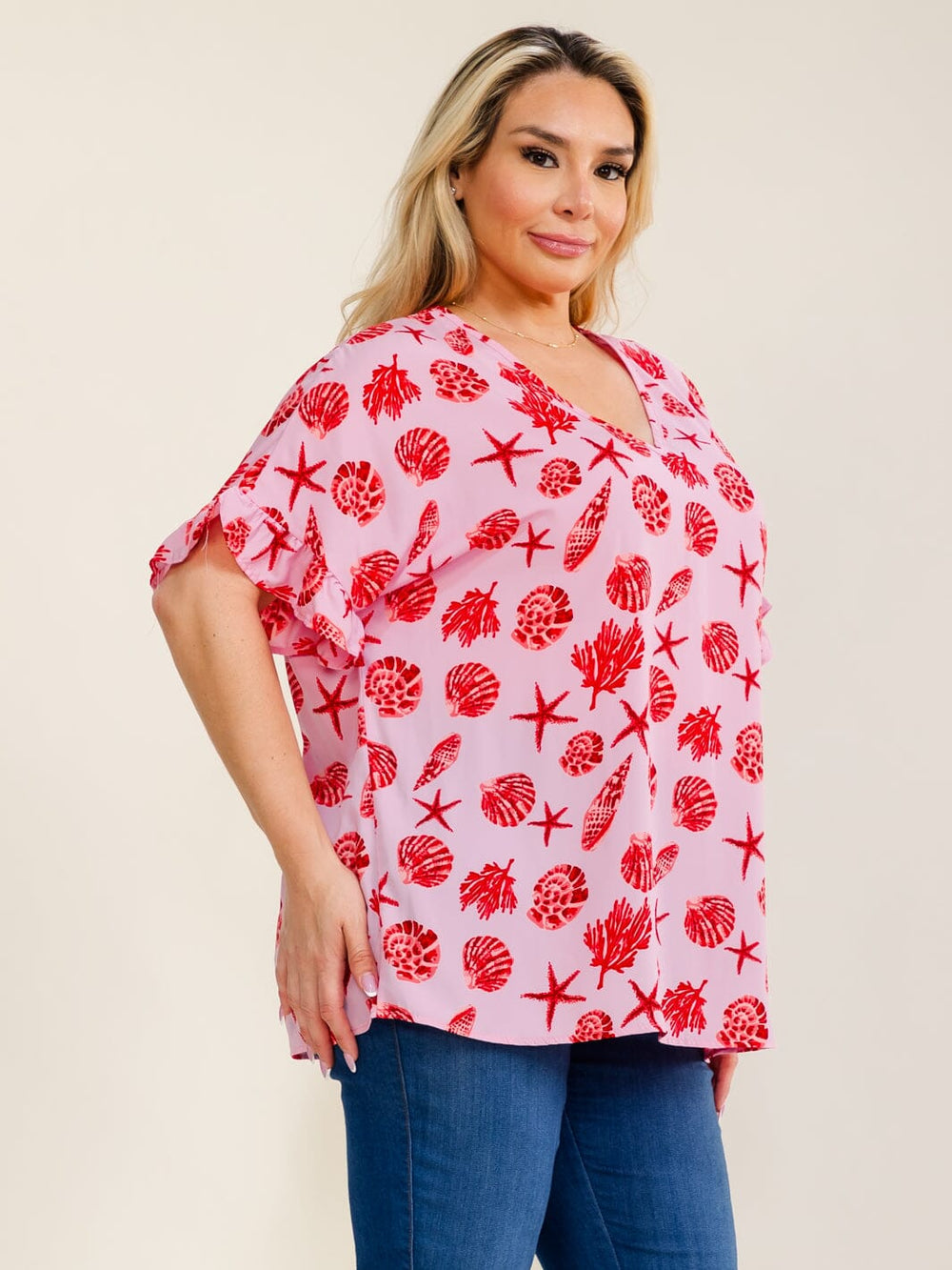 PLUS SIZE SHORT SLEEVE V-NECK MULTI PRINT BLOUSE