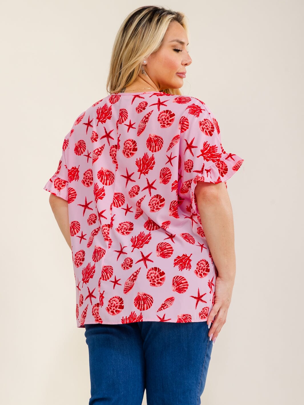 PLUS SIZE SHORT SLEEVE V-NECK MULTI PRINT BLOUSE
