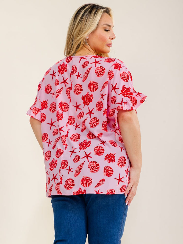 PLUS SIZE SHORT SLEEVE V-NECK MULTI PRINT BLOUSE