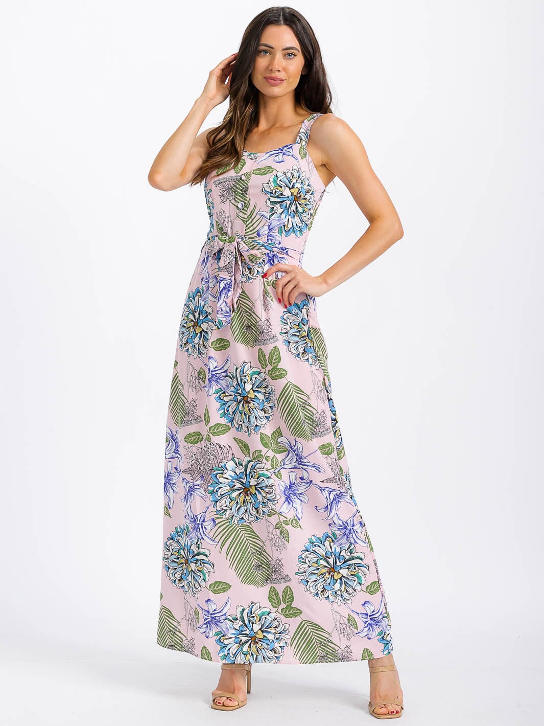 WOMEN'S SLEEVELESS BUTTON UP SMOCK SELF TIE FLORAL MAXI DRESS