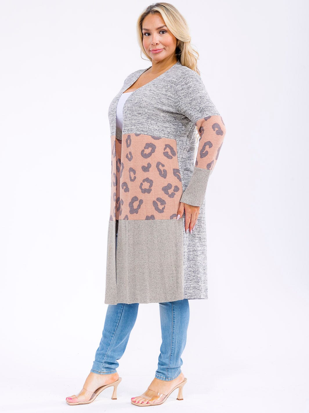 PLUS SIZE LONG SLEEVE OPEN FRONT ANIMAL PRINT CONTRAST CARDIGAN