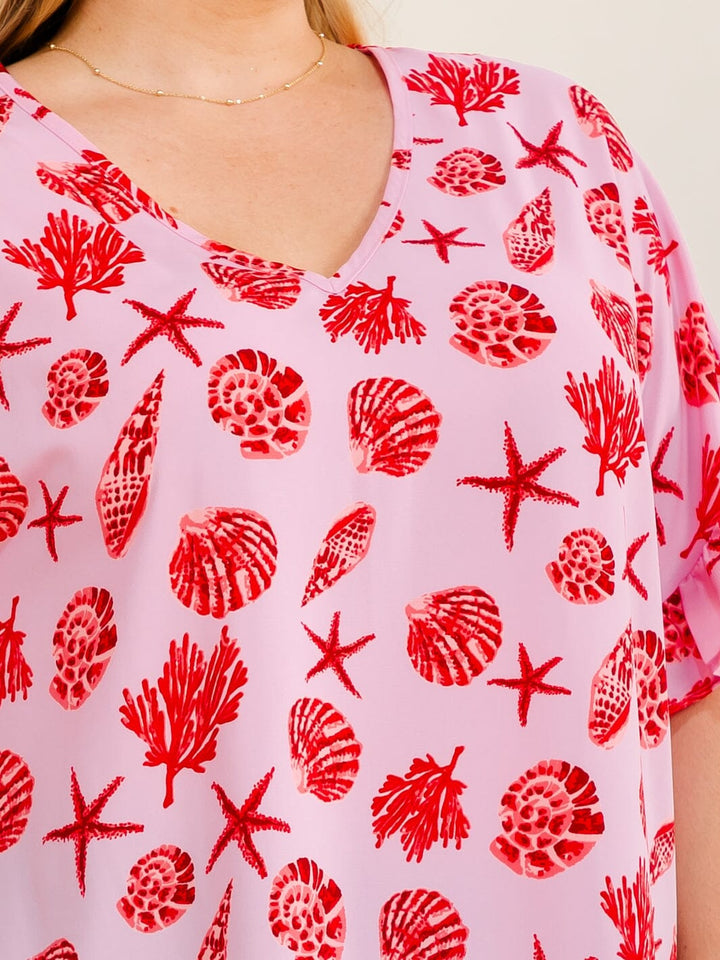 PLUS SIZE SHORT SLEEVE V-NECK MULTI PRINT BLOUSE