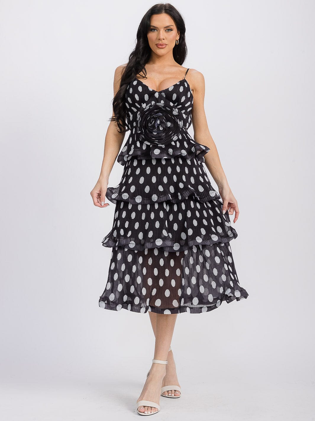 WOMEN'S SLEEVELESS V-NECK TIERED FLOWER DETAILED POLKA DOTS MIDI DRESS