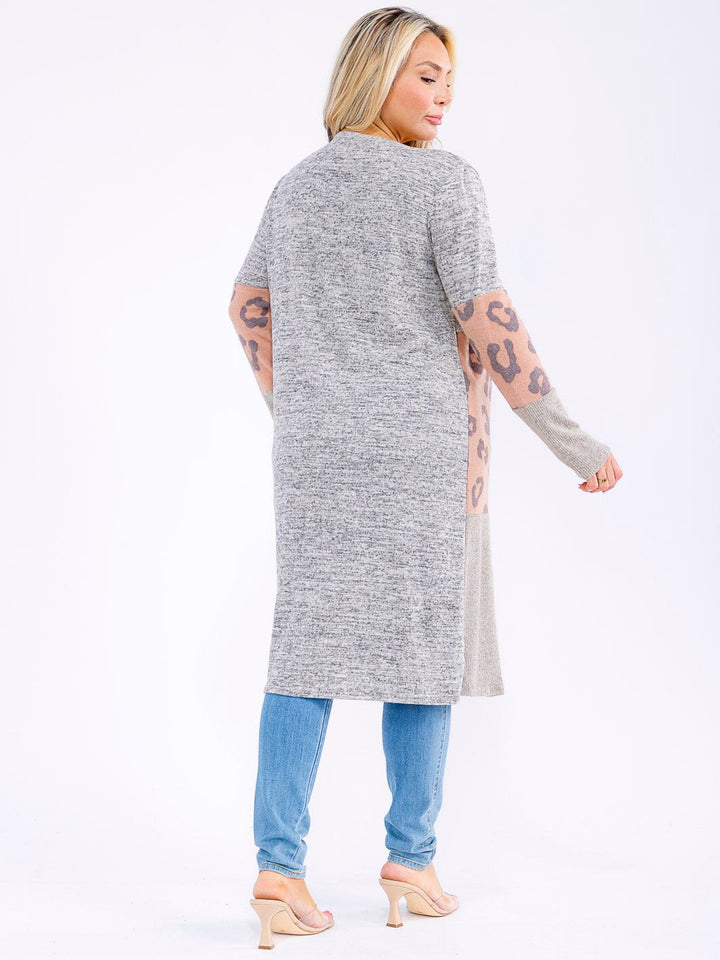 PLUS SIZE LONG SLEEVE OPEN FRONT ANIMAL PRINT CONTRAST CARDIGAN