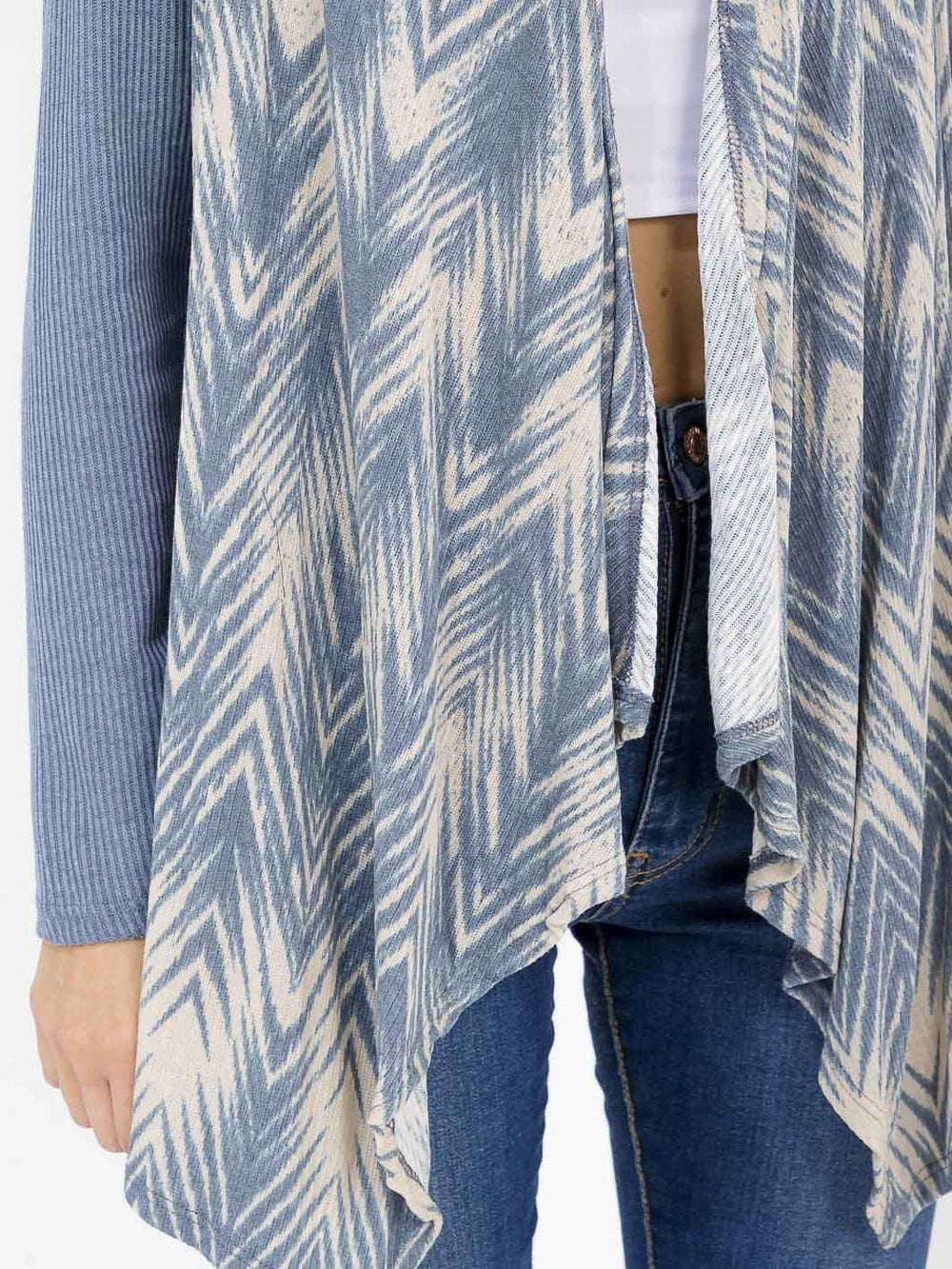 WOMEN'S LONG SLEEVE OPEN FRONT RIBBED PRINTED CARDIGAN