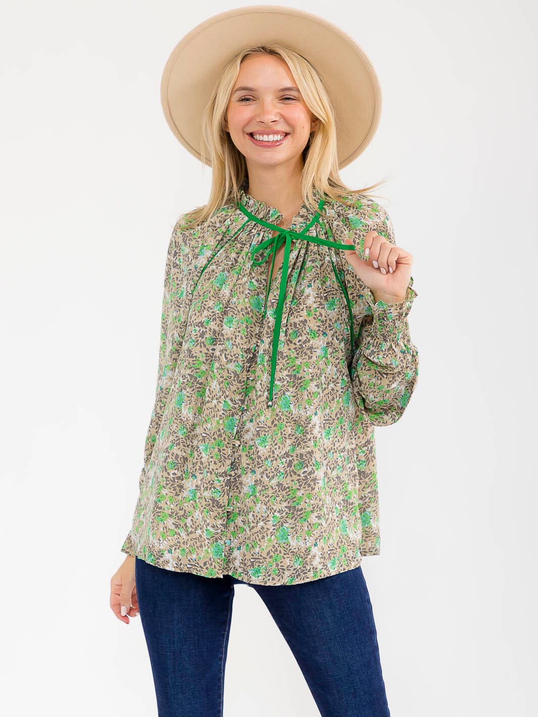 WOMEN'S LONG SLEEVE BUTTON UP V-NECK FLORAL BLOUSE