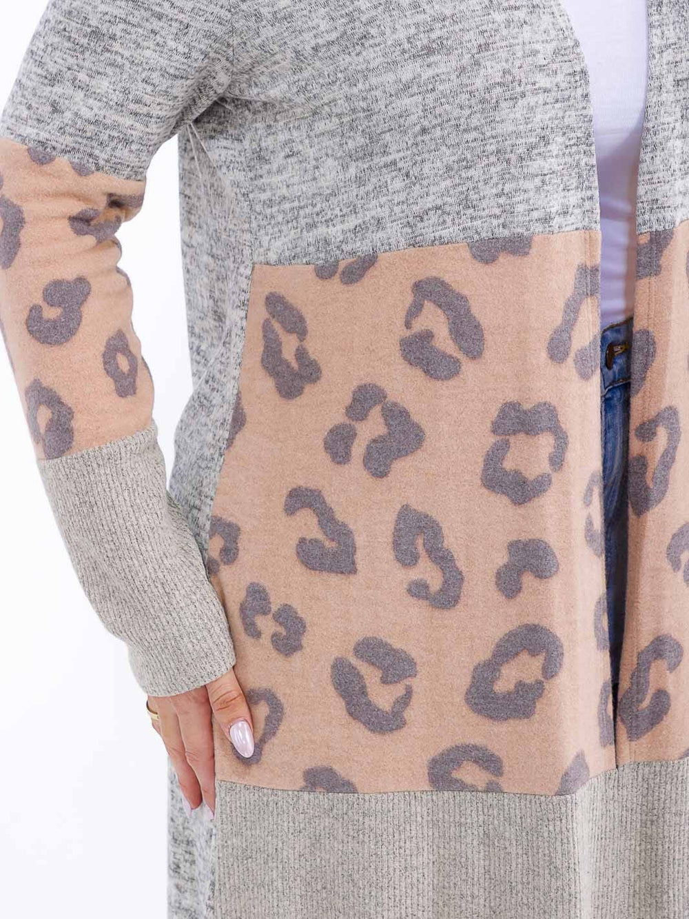 PLUS SIZE LONG SLEEVE OPEN FRONT ANIMAL PRINT CONTRAST CARDIGAN