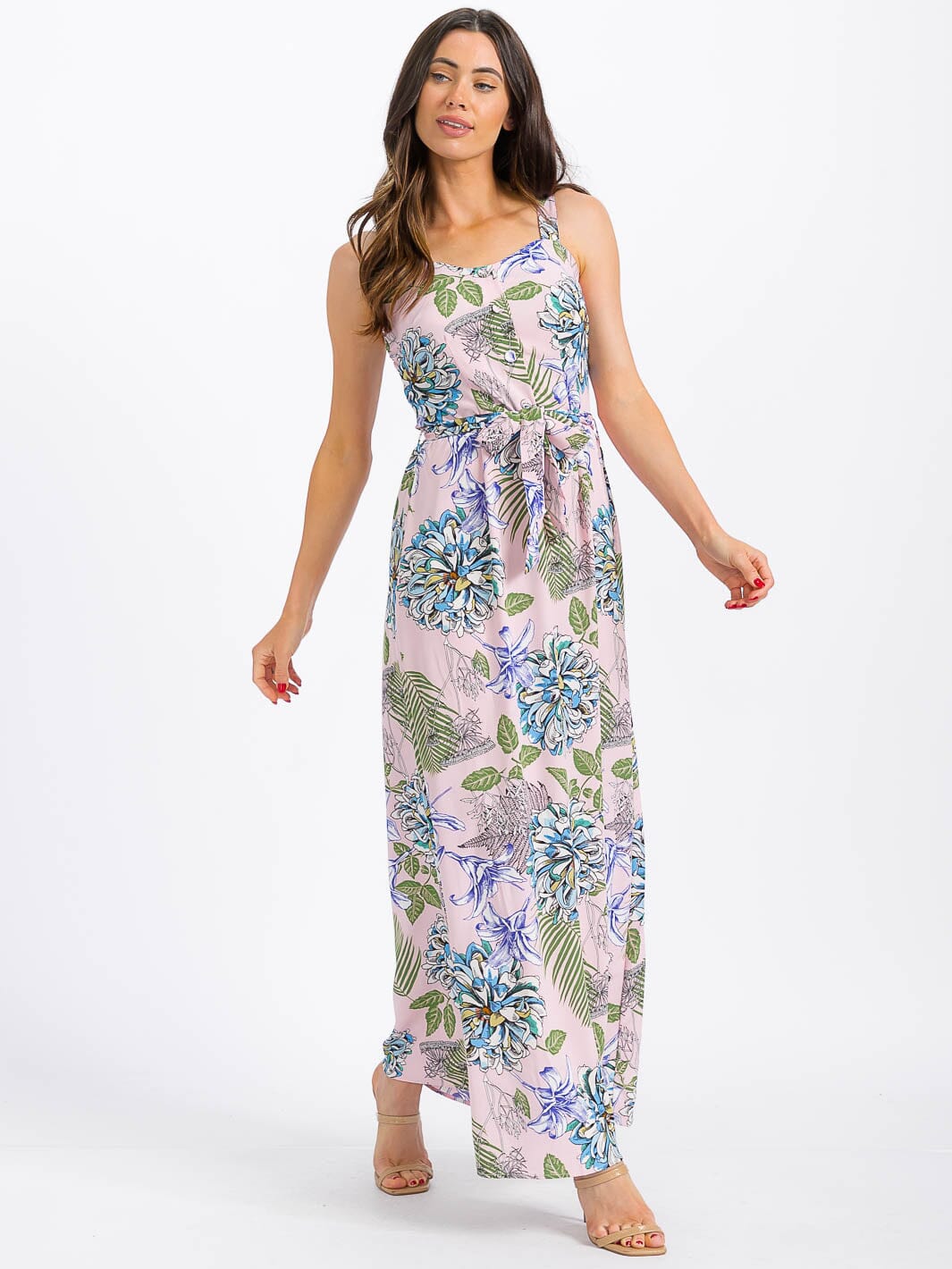 WOMEN'S SLEEVELESS BUTTON UP SMOCK SELF TIE FLORAL MAXI DRESS