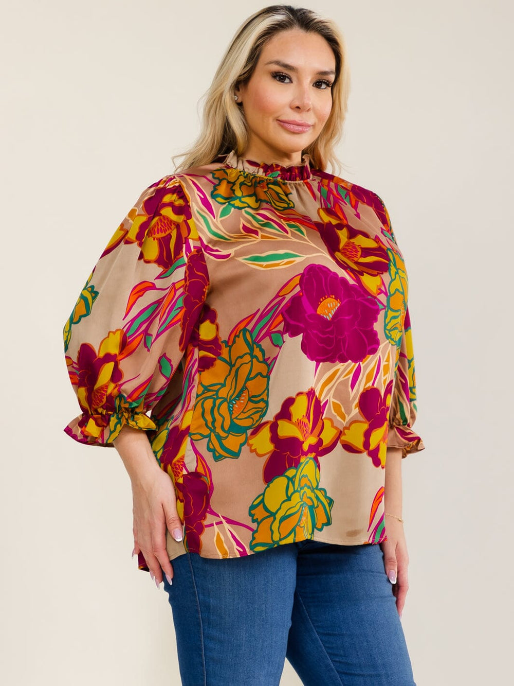 PLUS SIZE 3/4 SLEEVE FLORAL PRINT BLOUSE