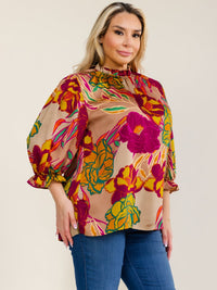 PLUS SIZE 3/4 SLEEVE FLORAL PRINT BLOUSE
