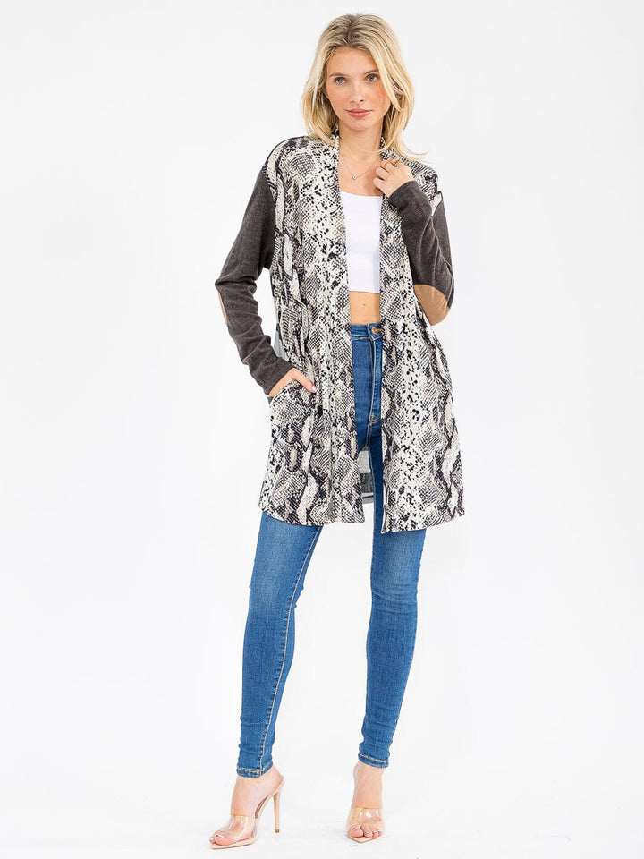 WOMEN'S LONG SLEEVE OPEN FRONT POCKETS ANIMAL PRINT STRIPES CARDIGAN